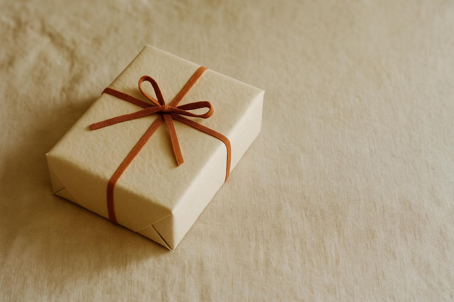 A gift wrapped in warm paper, tied with a terracotta ribbon